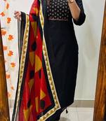 Floral embroidered pure cotton v neck black kurta trouser & dupatta set