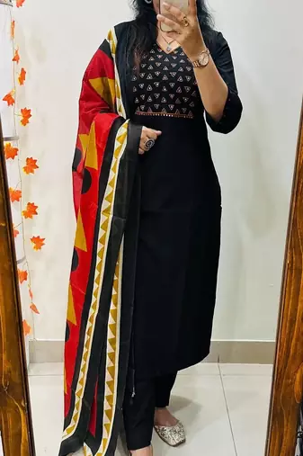 Floral embroidered pure cotton v neck black kurta trouser & dupatta set