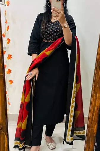 Floral embroidered pure cotton v neck black kurta trouser & dupatta set