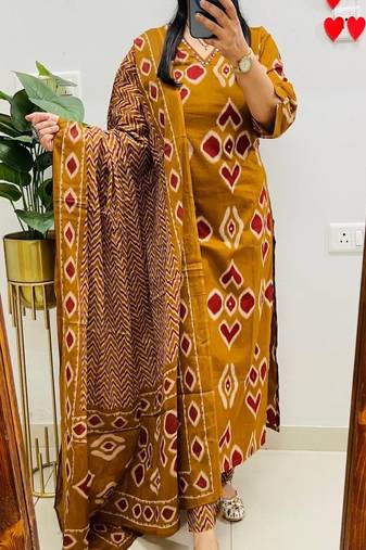 Floral embroidered pure cotton v neck yellow kurta trouser & dupatta set