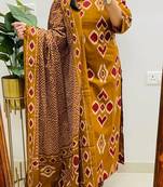 Floral embroidered pure cotton v neck yellow kurta trouser & dupatta set