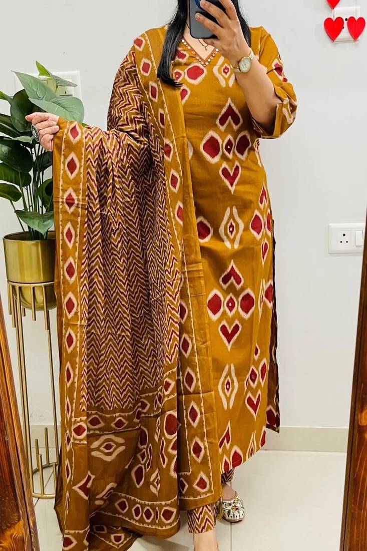 Floral embroidered pure cotton v neck yellow kurta trouser & dupatta set