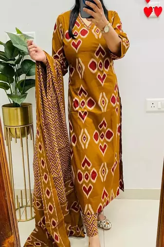 Floral embroidered pure cotton v neck yellow kurta trouser & dupatta set