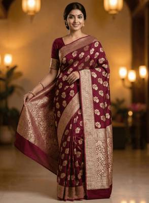 khaddi georgette saree in maroon colour with floral zari rangkart work 1