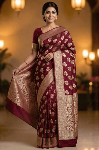 Banarasi puresilk khaddi georgette saree in maroon colour with floral zari rangkart work