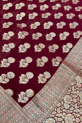 khaddi georgette saree in maroon colour with floral zari rangkart work 2