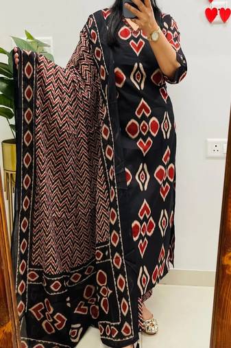 Floral embroidered pure cotton v neck yellow kurta trouser & dupatta set