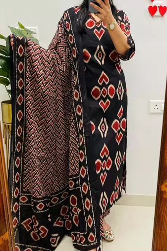 Floral embroidered pure cotton v neck yellow kurta trouser & dupatta set