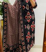 Floral embroidered pure cotton v neck yellow kurta trouser & dupatta set