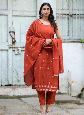 Floral embroidered  cotton boat neck brown kurta trouser & dupatta set 1