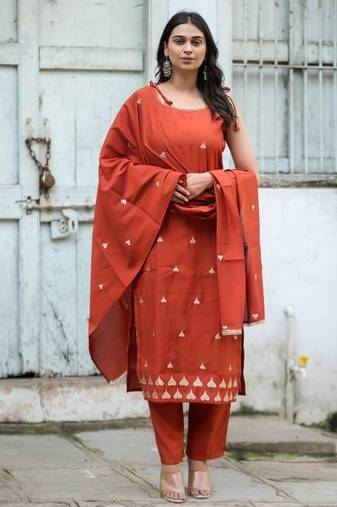 Floral embroidered pure cotton boat neck brown kurta trouser & dupatta set