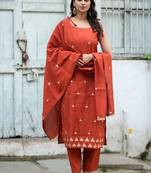 Floral embroidered pure cotton boat neck brown kurta trouser & dupatta set