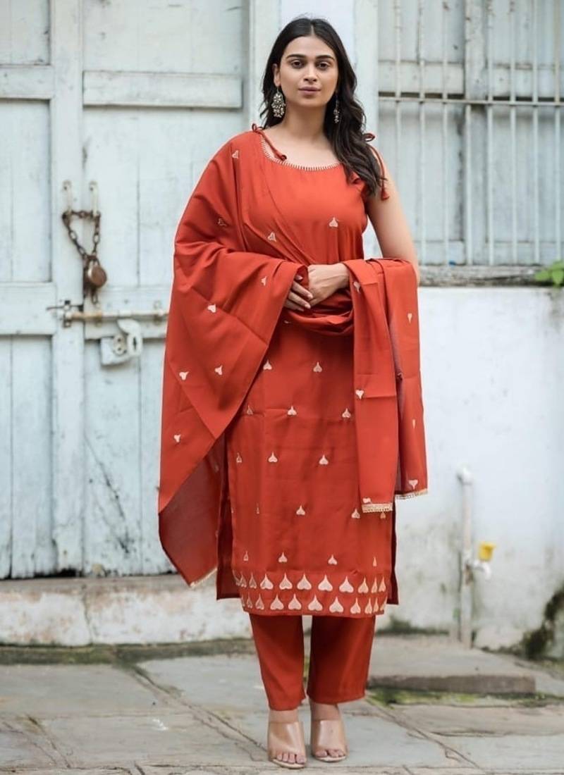 Floral embroidered pure cotton boat neck brown kurta trouser & dupatta set