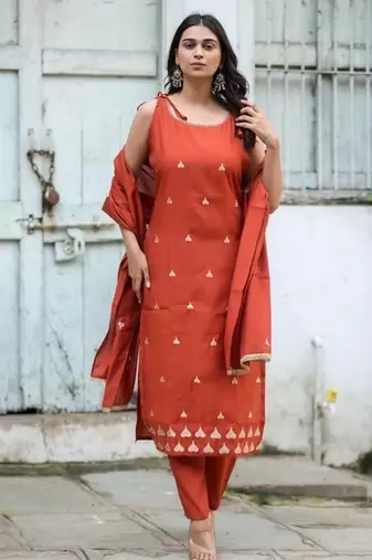 Floral embroidered pure cotton boat neck brown kurta trouser & dupatta set