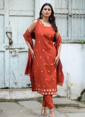 Floral embroidered  cotton boat neck brown kurta trouser & dupatta set 3