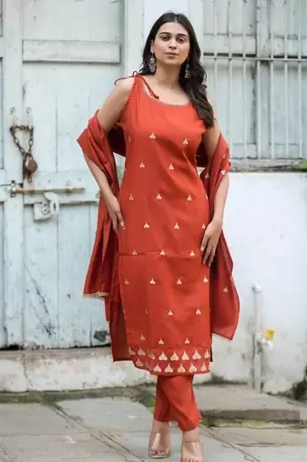 Floral embroidered pure cotton boat neck brown kurta trouser & dupatta set
