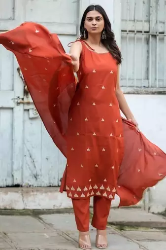 Floral embroidered pure cotton boat neck brown kurta trouser & dupatta set
