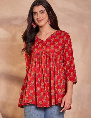 red cotton blend floral print flared tunic top 1