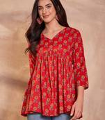 Women red floral printed cotton blend tops