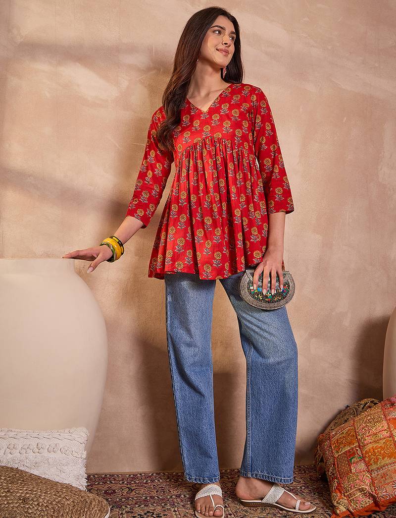 Women red floral printed cotton blend tops