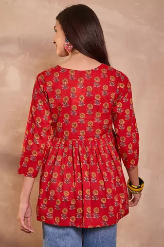 red cotton blend floral print flared tunic top