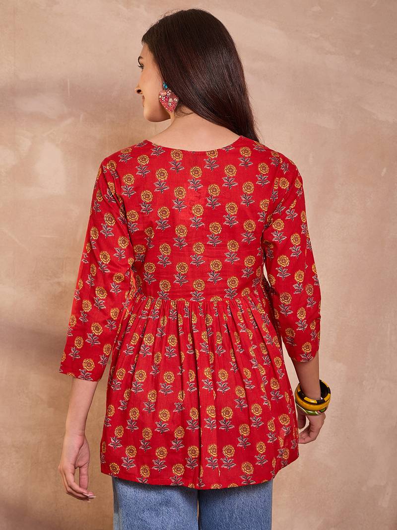 Women red floral printed cotton blend tops
