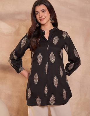 black cotton blend floral print tunic top 1