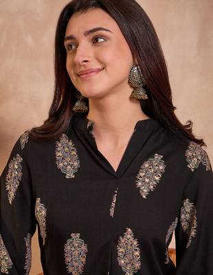 black cotton blend floral print tunic top 2