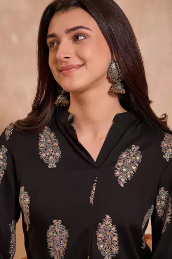 black cotton blend floral print tunic top