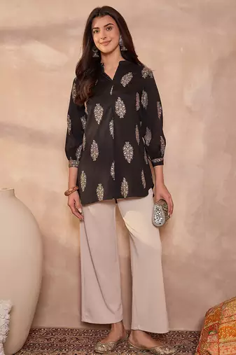 black cotton blend floral print tunic top