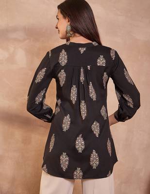 black cotton blend floral print tunic top 4