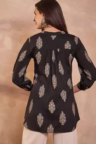 black cotton blend floral print tunic top