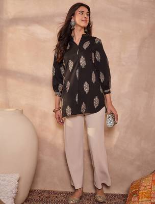 black cotton blend floral print tunic top 5