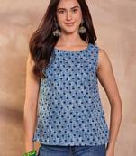 Women blue floral printed cotton blend tops
