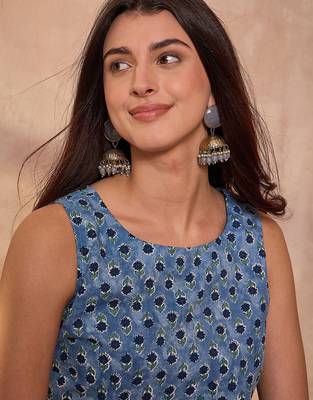 Women blue floral printed cotton blend tops 2