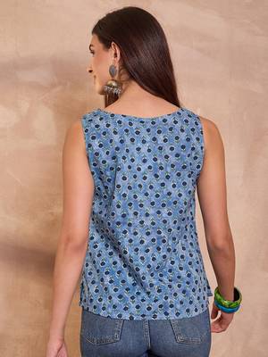 Women blue floral printed cotton blend tops 4