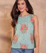 aqua cotton blend floral printed sleeveless top