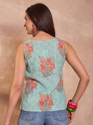 Women blue floral printed cotton blend tops 4
