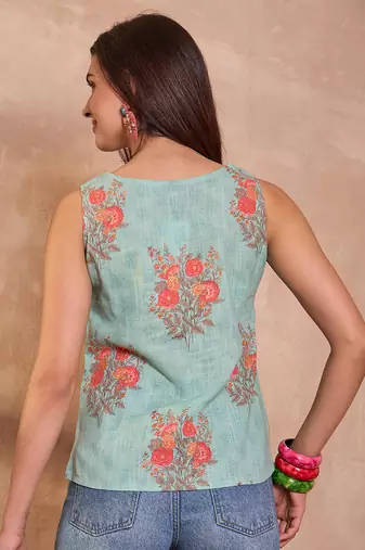aqua cotton blend floral printed sleeveless top