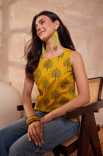 mustard cotton blend tree print sleeveless top