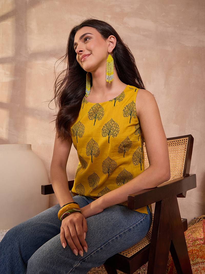 mustard cotton blend tree print sleeveless top