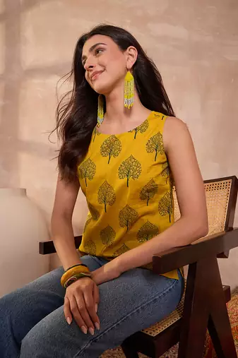 mustard cotton blend tree print sleeveless top