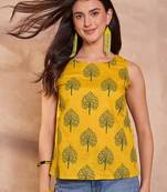 Women yellow floral printed cotton blend tops
