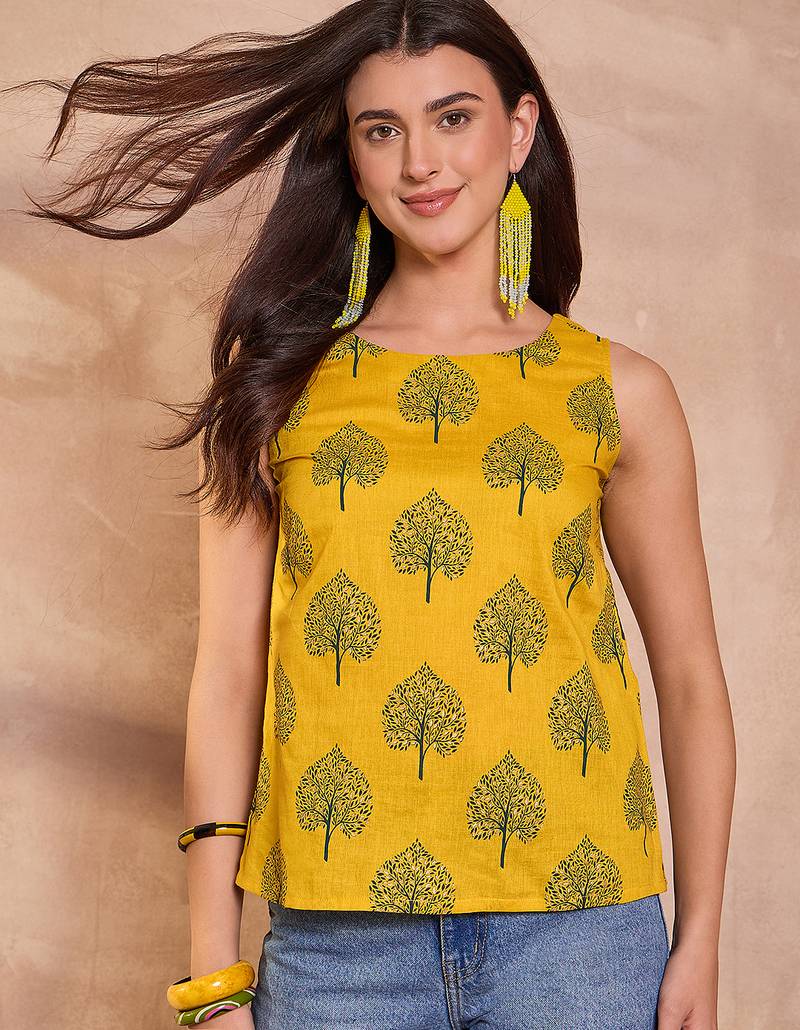 Women yellow floral printed cotton blend tops