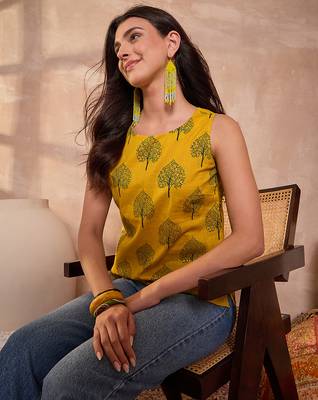 Women yellow floral printed cotton blend tops 2