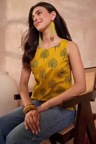mustard cotton blend tree print sleeveless top