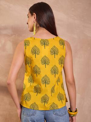 Women yellow floral printed cotton blend tops 4