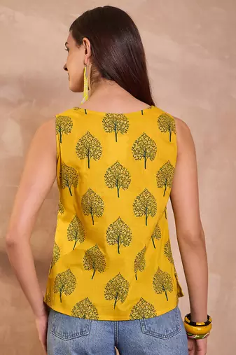 mustard cotton blend tree print sleeveless top