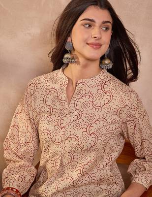 Women beige ethnic motifs printed cotton tops 1