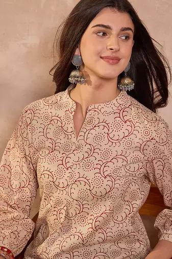 Women beige ethnic motifs printed cotton tops